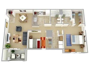 Two bedroom two bath 988 sqft Floor Plan at The Landings at Markhams Grant Apartments, Woodbridge, 22191