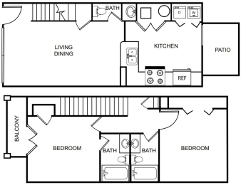 Two Bedroom Two and a half Bathroom Floorplan 1158