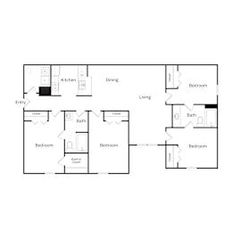 A floor plan of a house with a kitchen, dining room, living room, and bathrooms.