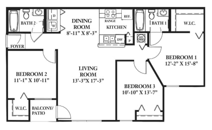 3 Bedroom 2 Bathroom Floor Plan