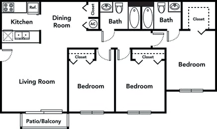 3 Bedroom 2 Bathroom Floor Plan 989 square foot