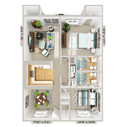 2 bedroom 2 bathroom floorplan at Patriot Point Apartment Homes, North Carolina, 28390