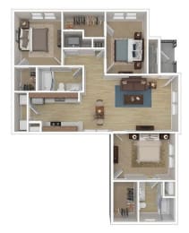 Three bedroom two bathroom 1172 sqft Floor Plan at Falcon Pointe Apartments, Texas
