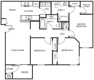 Three bedroom two bathroom floorplan