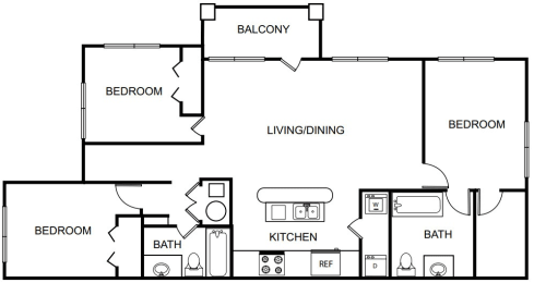 Three Bedroom Two Bathroom Floor Plan 1251
