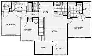 3 Bedroom 2 Bathroom Floor Plan-1281sqft