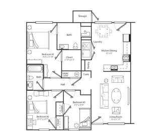 3 bedroom Floorplan black and white