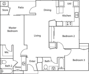 Three bedroom two bathroom floorplan
