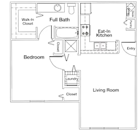 A floor plan of a living room with a bedroom and kitchen.