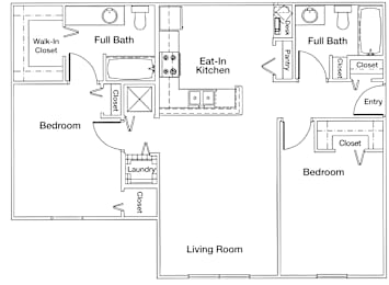 A floor plan of a living space with two bedrooms, a laundry area, and an eat-in kitchen.