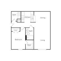 A floor plan of a small apartment with a bedroom, bathroom, kitchen, and dining area.