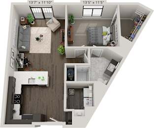 a floor plan of a 1 bedroom apartment