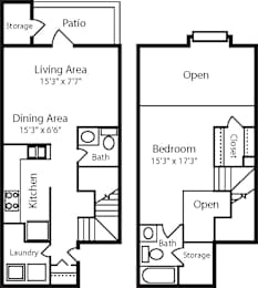 A floor plan of a house with a living area, dining area, kitchen, bath, bedroom, and storage.