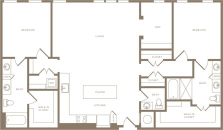 Two Bedroom Two and a half Bathroom Floorplan 1555