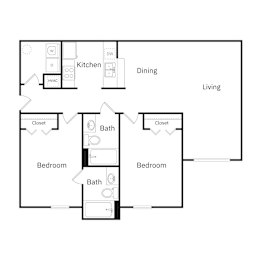 A floor plan of a living space with two bedrooms, a kitchen, a bathroom, and a dining area.