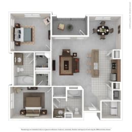 a bedroom apartment with a bathroom and a living room
