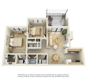 A 3D floor plan of a house with a kitchen, living room, and bathroom.