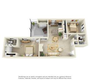 A 3D floor plan of a house with a kitchen, living room, dining room, and bedrooms.