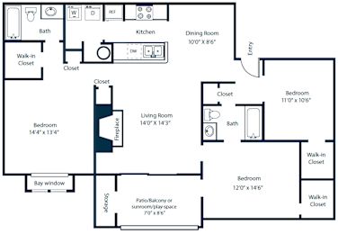 Southpark Commons C1 Floor Plan 3 Bedroom 2 Bath