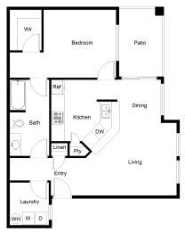 One bedroom one bathroom floor plan at Lake Pleasant Village Apartments, Peoria