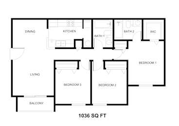 A floor plan of a house with a living area, dining area, kitchen, three bedrooms, a bathroom, and a balcony.