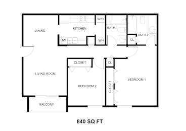 A black and white image of a floor plan for an 840 square foot home.