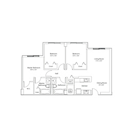 A floor plan of a house with two master bedrooms, two bathrooms, a living room, dining room, kitchen, and a hall.