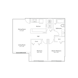 A floor plan of a house with a kitchen, living room, dining room, bathroom, hall, closet, and two bedrooms.