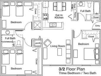 Three Bedroom Two Bathroom Floor Plan