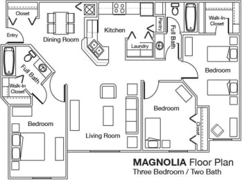 Magnolia Floor Plan with Three Bedrooms and Two Bathrooms