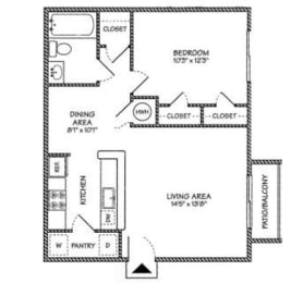 One bedroom one bathroom 660 sqft floorplan at River Park Place Apartments, Vero Beach, Florida