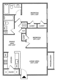 Two Bedroom Two Bath 850 sqft Floor plan at River Park Place Apartments, Florida