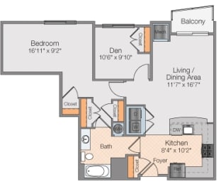 Floor plan 1 bed 1 bath with study