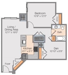 Floor plan 1 bed 1 bath with study