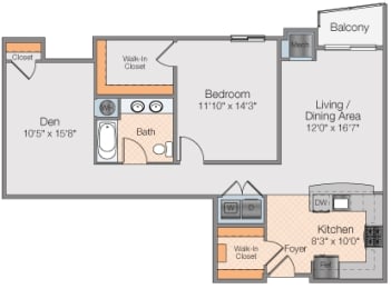 Floor plan 1 bed 1 bath with study