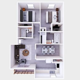 A top-down view of a small apartment with a kitchen, living room, and bathroom.