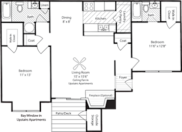 A floor plan of a small apartment with a living room, dining room, kitchen, bedroom, closet, and bathroom.