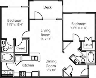 A black and white image of a floor plan for a house with two bedrooms, a living room, a kitchen, a dining room, a deck, and a closet.