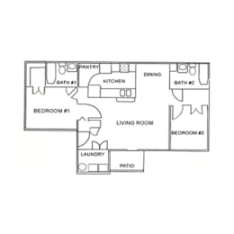 A floor plan of a house with two bedrooms, a living room, a kitchen, a dining room, a pantry, a laundry room, and two bathrooms.