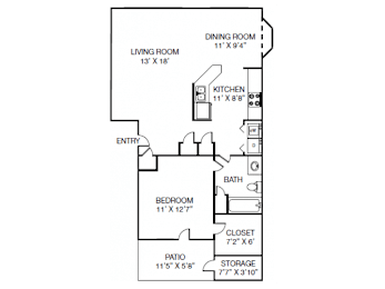 A2 floor plan 1 Bed 1 Bath