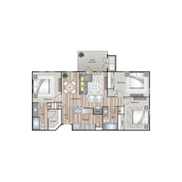 A floor plan of a house with a kitchen, living room, dining room, and bathrooms.