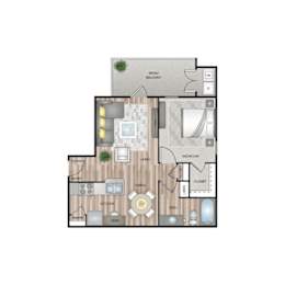 A floor plan of a house with a living room, kitchen, dining room, bedroom, and bathroom.