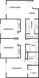 A floor plan of a house with three bedrooms and a dining area.