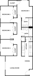 A floor plan of a house with four bedrooms, a living room, a dining area, a kitchen, and two bathrooms.