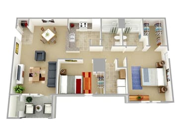 Two Bedroom 988 sq ft Floor Plan at Foxridge Apartments, Durham