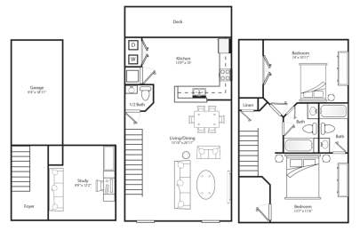 Riverside Floor Plan 2 bed 2.5 bath with Study
