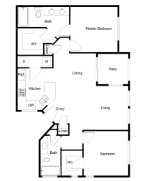 2 bedroom 2 bathroom floor plan layout at Lake Pleasant Village Apartments, Peoria, AZ