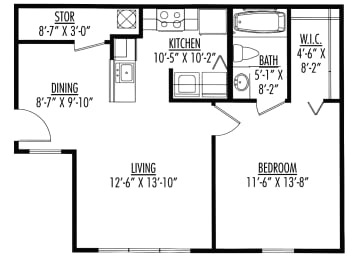 1 Bedroom 1 Bathroom Floor Plan- 648 square feet
