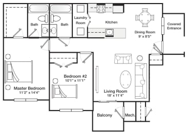 Two Bedroom Two Bath 894 Square Feet 1st Floor floor plan