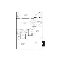 A floor plan of a house with a living room, two bedrooms, a bathroom, a kitchen, a storage area, a porch, and an entry.